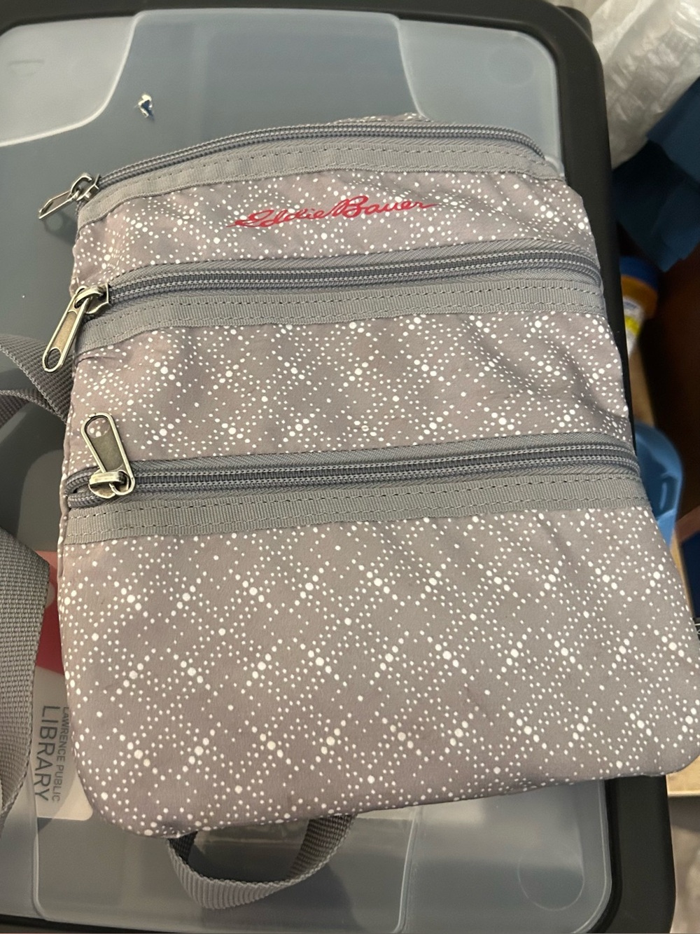 Eddie Bauer Light Gray Dot Crossbody Bag with Red Logo